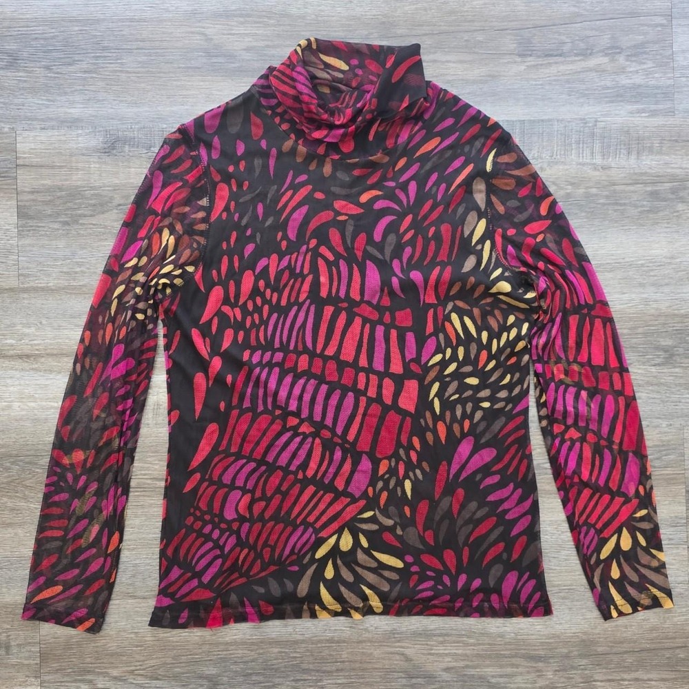 Vintage Vibe Abstract Graphic Mesh Turtleneck Top Pink Magenta Earthy Small